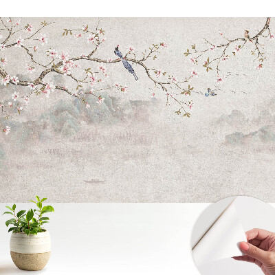 Tapeta na zeď Křehké květiny a ptáci na pozadí hor