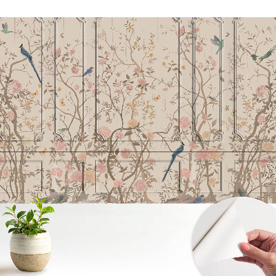 Tapeta s motivem ptáků a růží na panelovém pozadí