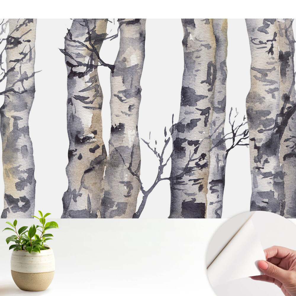 Tapeta do obyvaku Šedé osikové kmeny v akvarelu