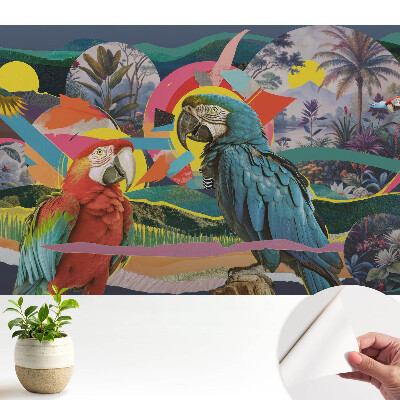 Tapeta do obývacího pokoje s barevnými papoušky v tropickém prostředí