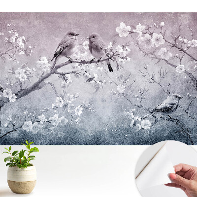 Tapeta s motivem ptáků na květinových větvích