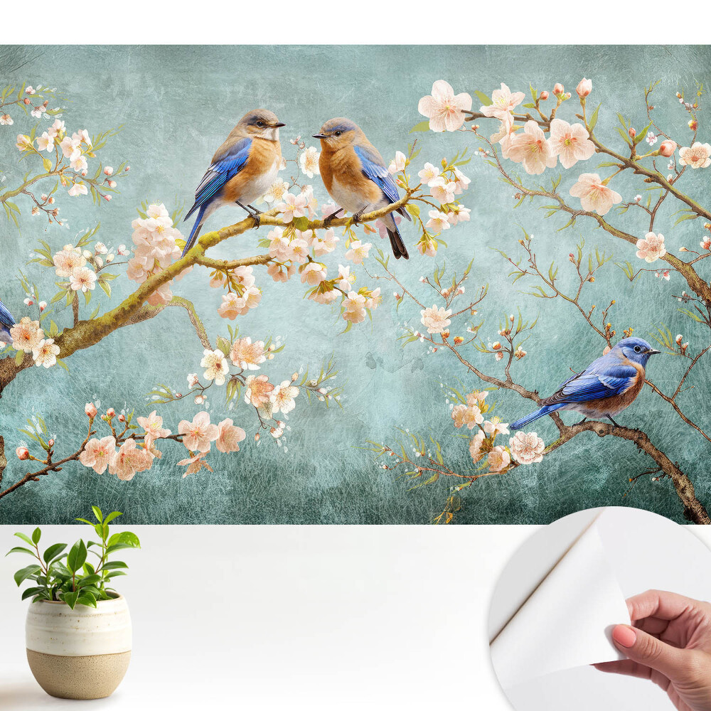 Tapeta Ptáci na kvetoucích větvích pastelový vzor