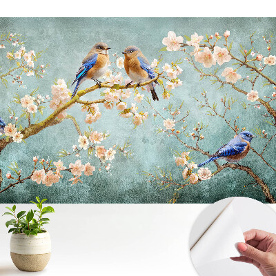 Tapeta Ptáci na kvetoucích větvích pastelový vzor