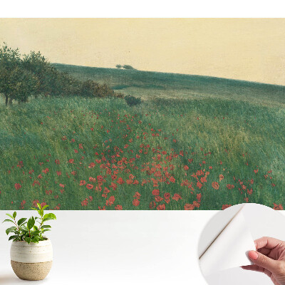 Tapeta na zeď s rustikálním motivem louky plné máků a stromů