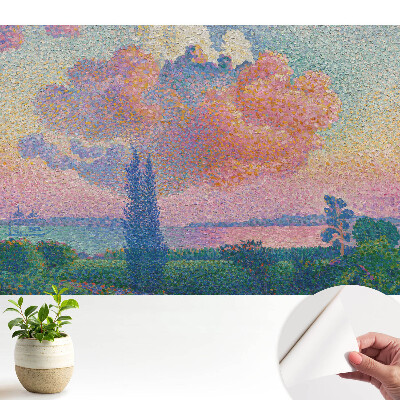 Tapeta s krajinou a mraky proti barevné obloze