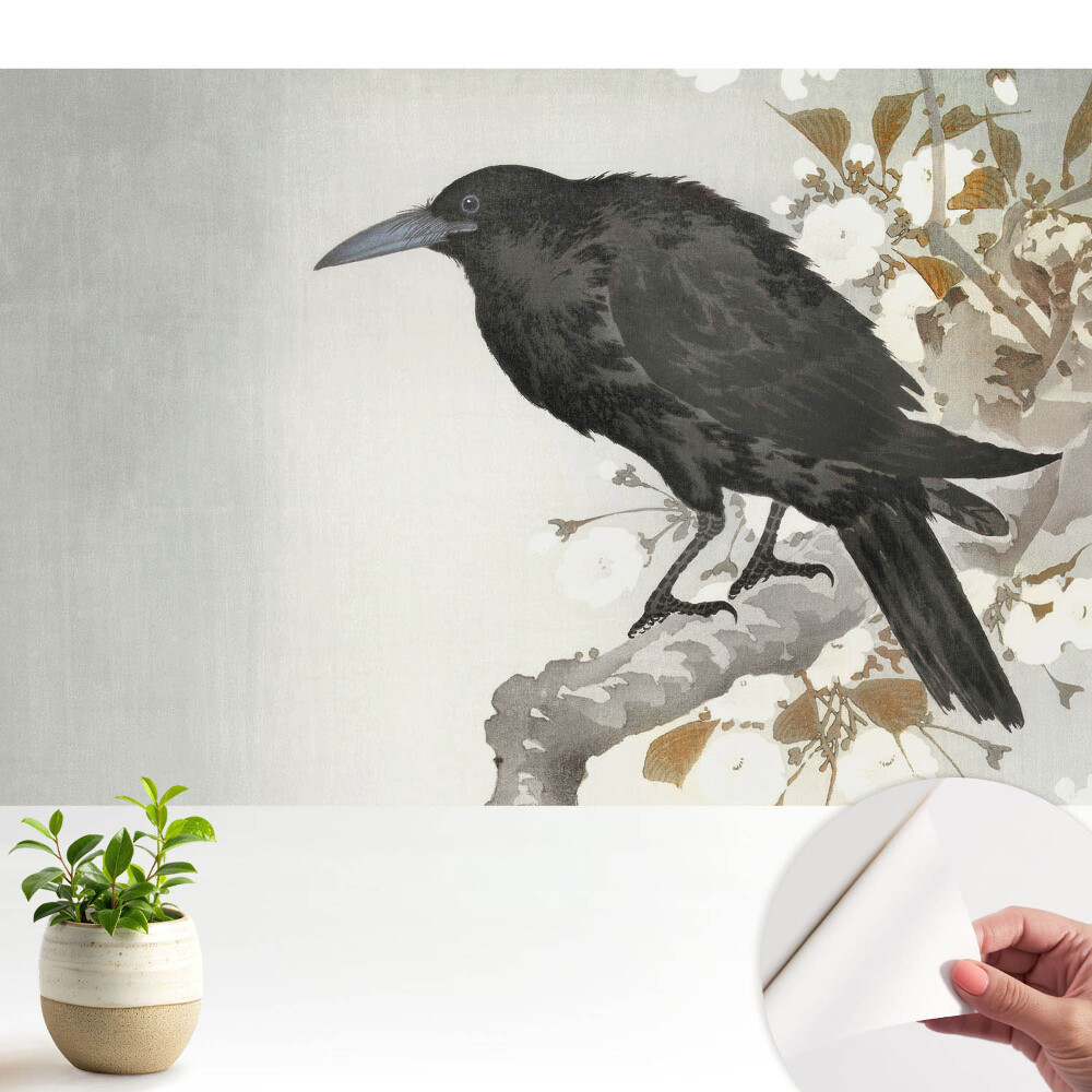 Tapeta do obyvaku Jemný havran na pozadí kvetoucích větví
