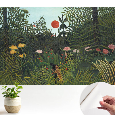 Tapeta do obývacího pokoje s motivem tropické džungle a rudého slunce