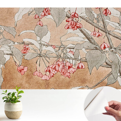 Tapeta s jemnými květy a listy v jemných barvách