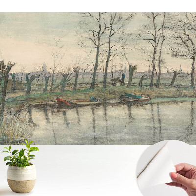 Tapeta do obývacího pokoje s motivem krajiny s řekou a alejí stromů