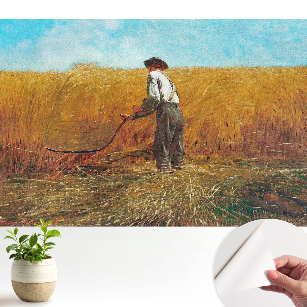 Tapeta Farmář v pšeničném poli pod modrou oblohou