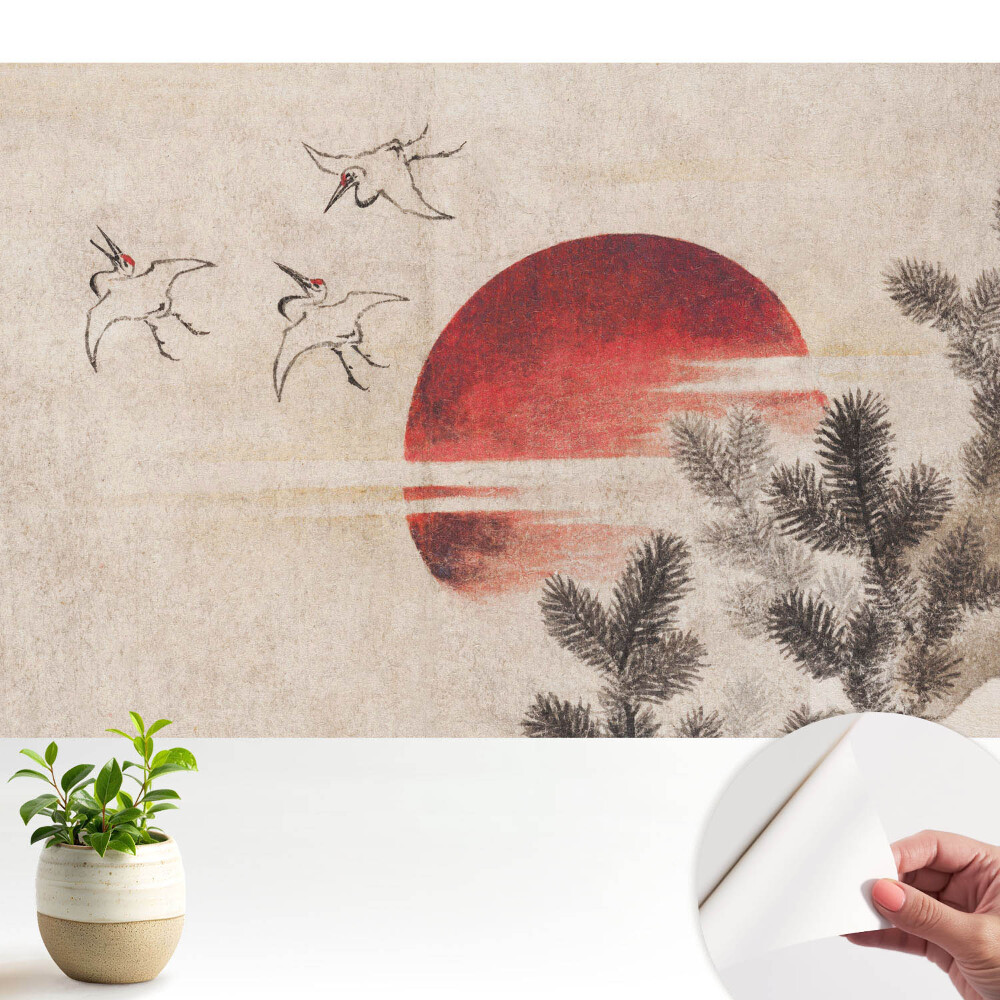 Tapeta do obyvaku Tři ptáci a slunce na pozadí jehličnatých stromů