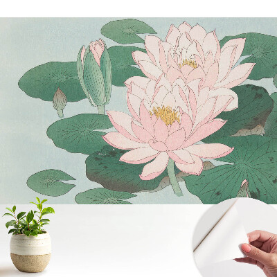 Tapeta s motivem lotosových květů na zelených listech