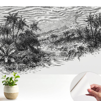 Tapeta s tropickým motivem rytiny a sopkou