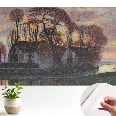 Tapeta s motivem zapadajícího slunce nad řekou se stromy