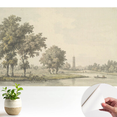 Tapeta s malebnou krajinou zobrazující pagodu a rybník