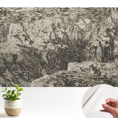 Tapeta do obyvaku Klasická grafika, drsné kameny, postava s oslem