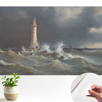 Tapeta na zeď s motivem bouřlivého moře a majáku s lodí v dálce