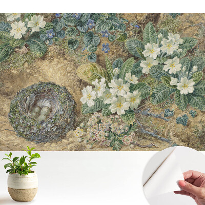 Tapeta s motivem květů prvosenky a ptačího hnízda