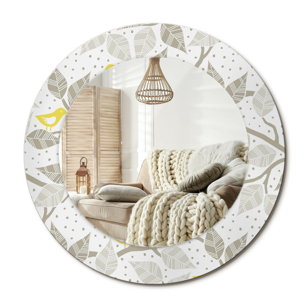 Kulaté dekorační zrcadlo na zeď Žlutí ptáci na větvích