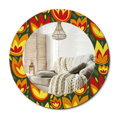 Kulaté zrcadlo rám s potiskem Retro tulipány