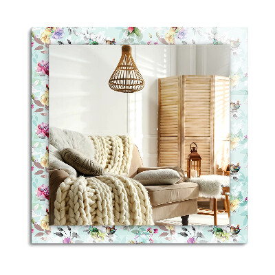 Obdélníkové dekorační zrcadlo na zeď Květinové a ptáci