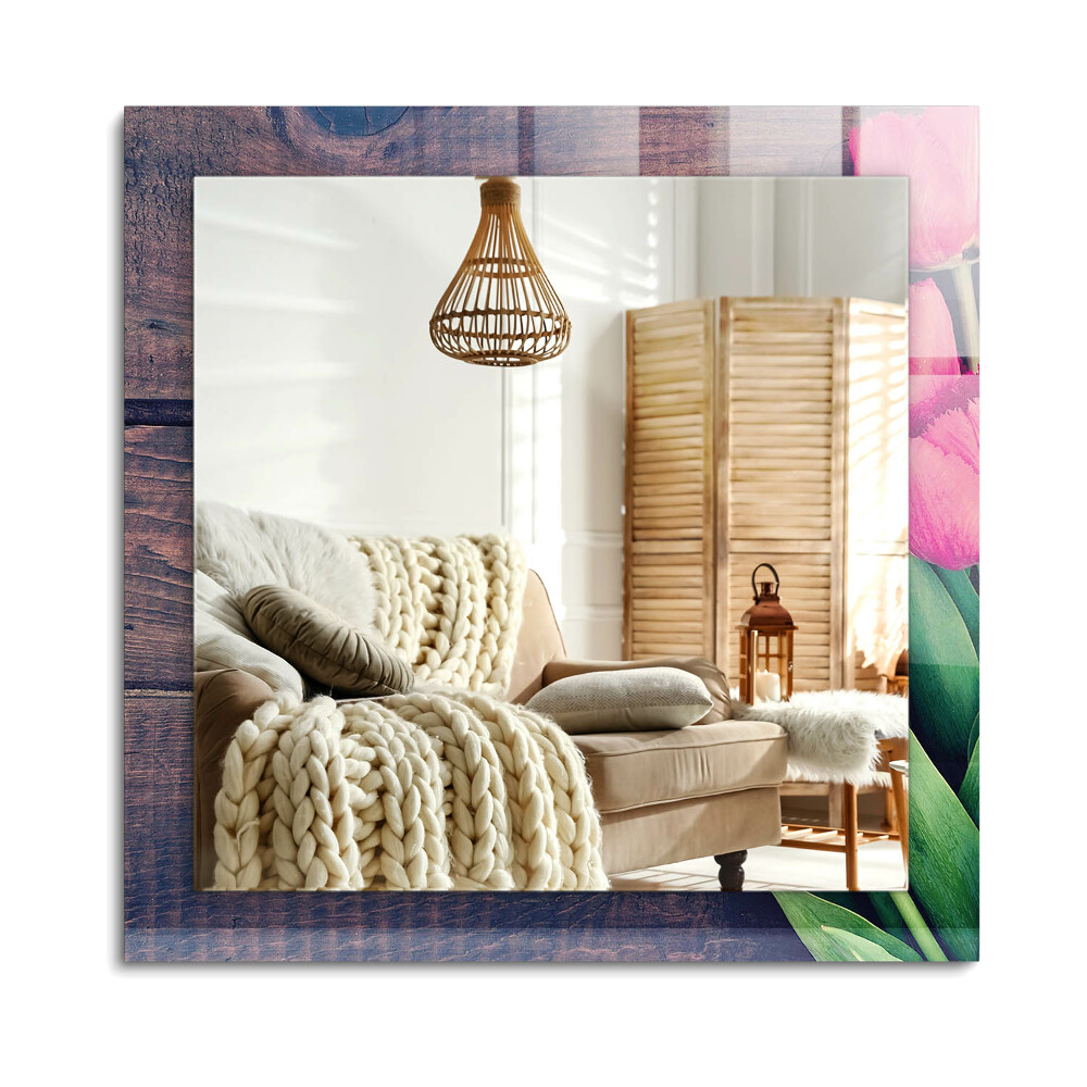 Obdélníkové dekorační zrcadlo na zeď Dřevo růžové tulipány