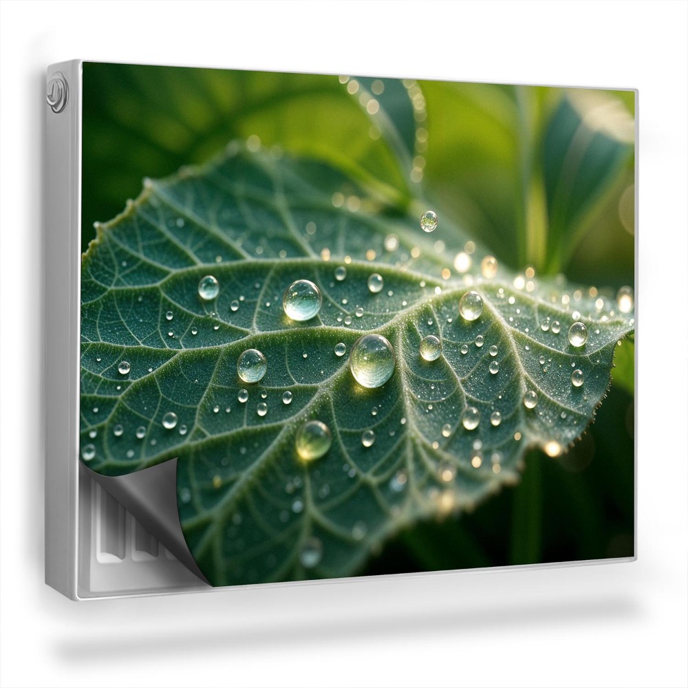 Magnetický kryt na radiátor Detail listu s kapkami rosy na tmavém pozadí