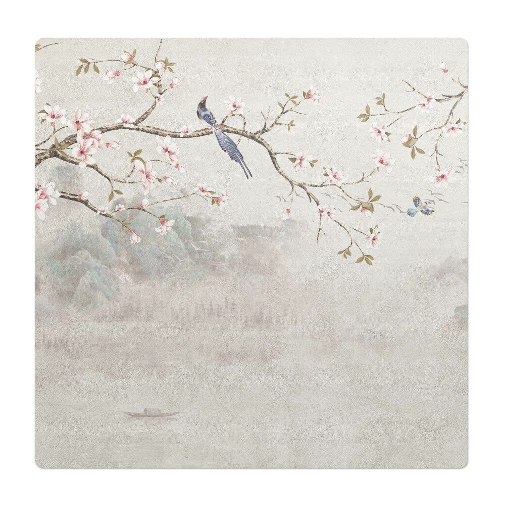 Ochranná podložka pod židli Květiny a ptáci na větvi