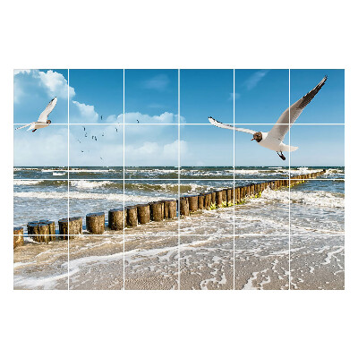 Samolepka na dlaždice Mořská krajina s ptáky