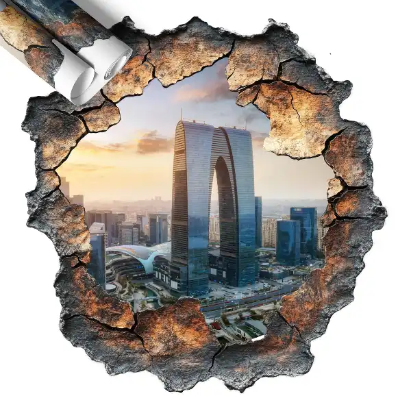3D samolepka díra 58x60 Město budoucnosti