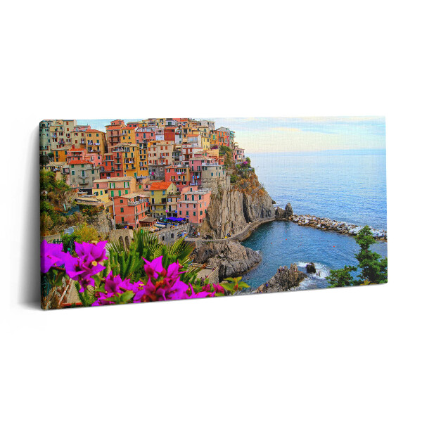 Obraz z fotografie na plátně 100x50 cm Květiny a pobřeží Cinque Terre v Itálii