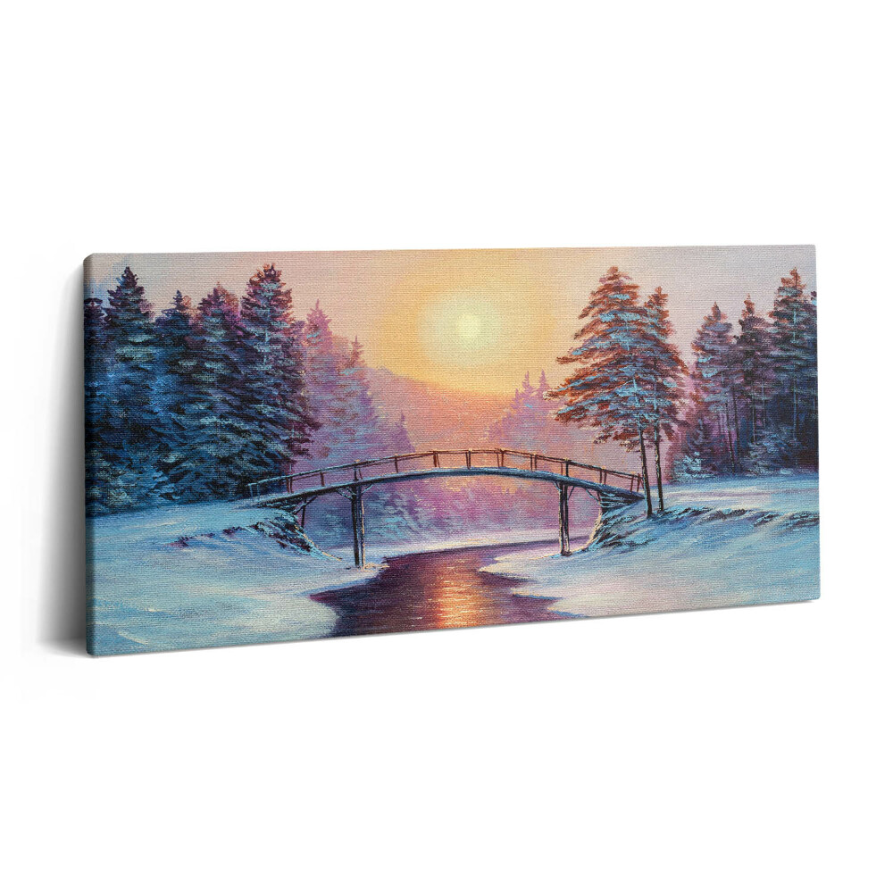 Obraz canvas 100x50 cm Malba - most přes řeku a zimní západ slunce