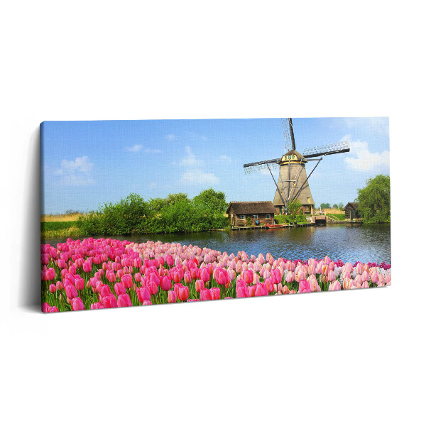 Obraz z fotografie na plátně 140x70 cm Holandský větrný mlýn s květinami