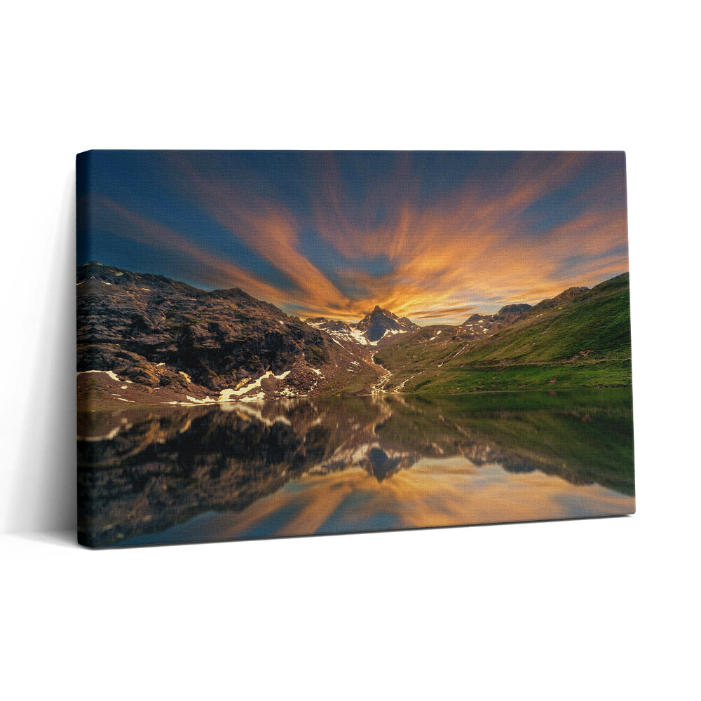 Obraz canvas 30x20 Horské jezero a západ slunce