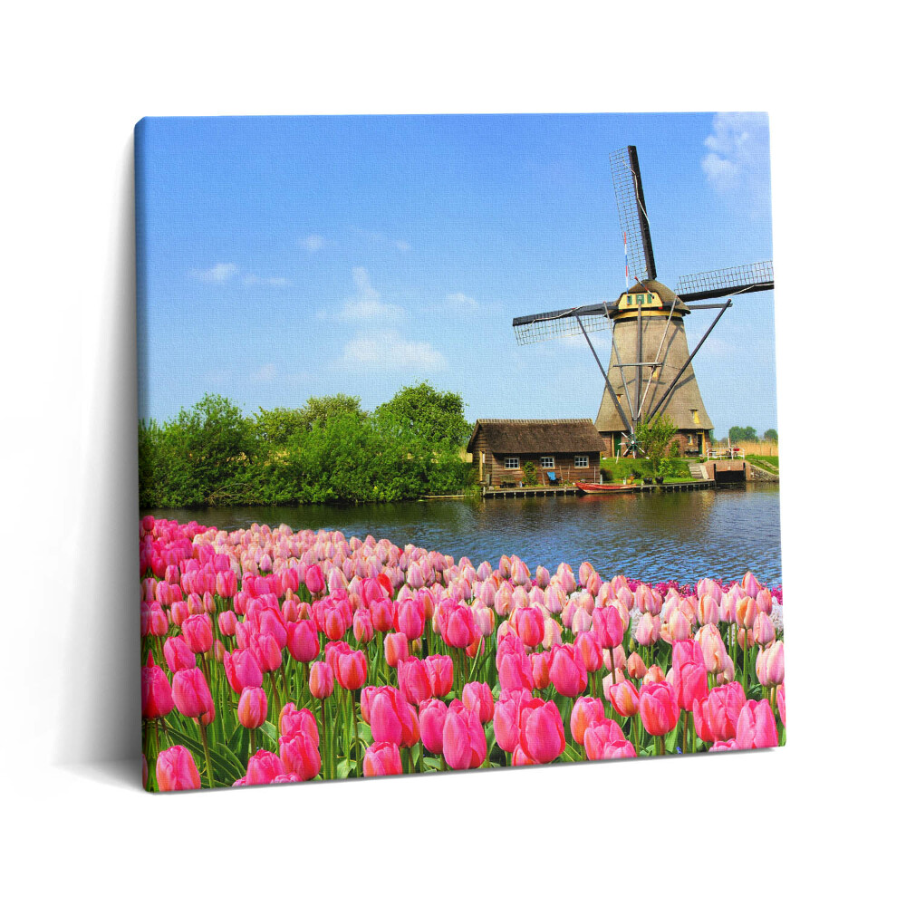 Obraz z fotografie na plátně 60x60 cm Holandský větrný mlýn s květinami