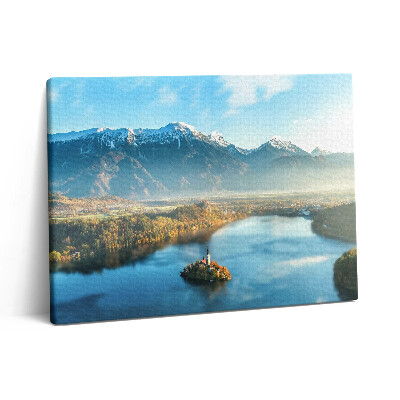 Obraz canvas 80x60 cm Budova na jezeře v horách