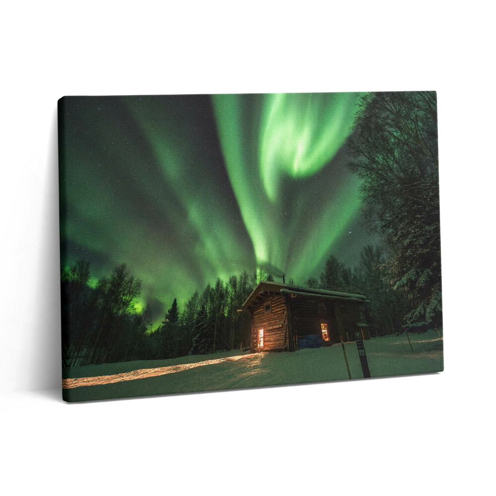 Obraz na plátně 80x60 cm Polární záře a dům v lese