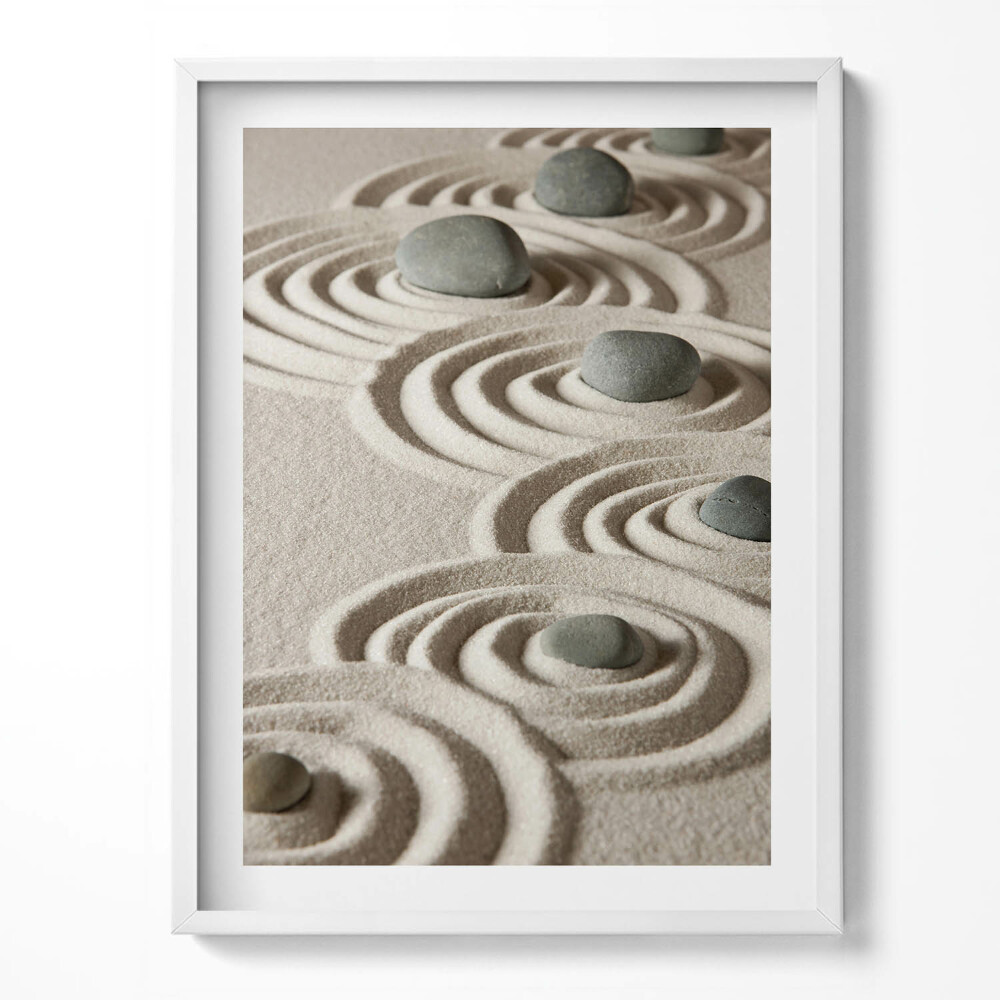 Obraz v rámu Zen - kameny na pískových kruzích
