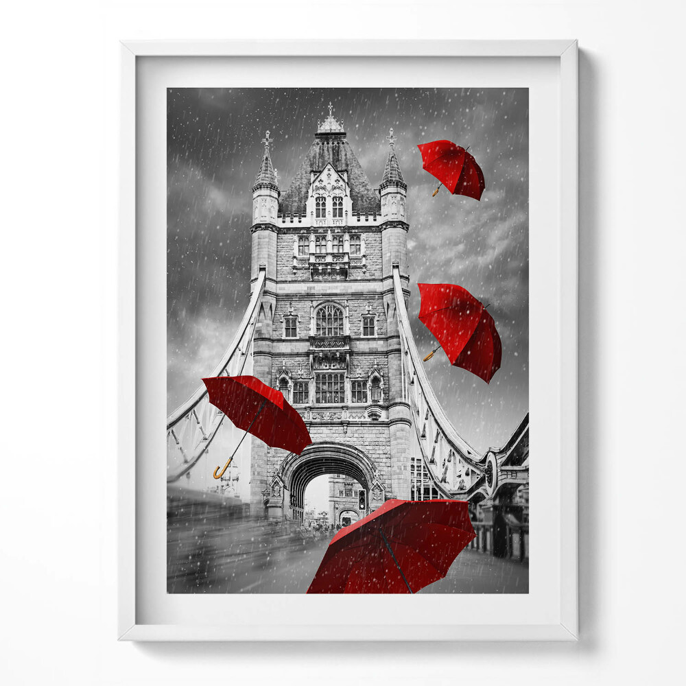 Obraz v rámu Červené deštníky na London Bridge