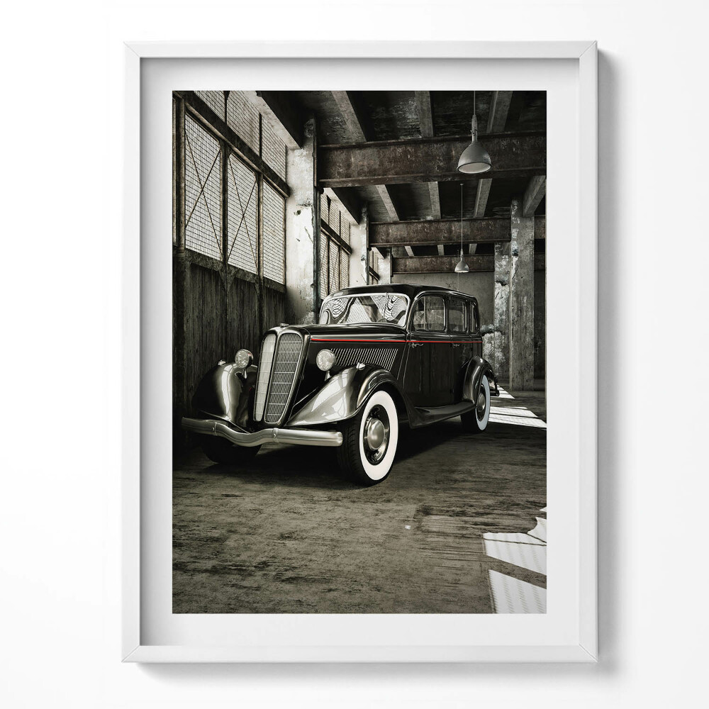 Obraz v rámu Klasické auto ve staré továrně