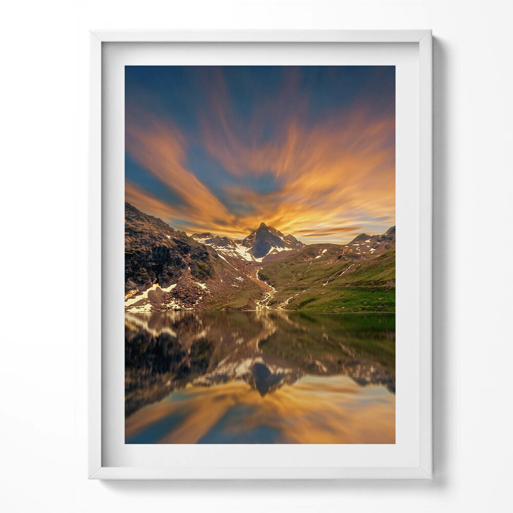 Obraz v rámu Horské jezero a západ slunce