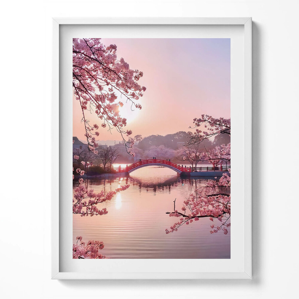 Obraz v rámu Třešňové květy a most - japonský styl