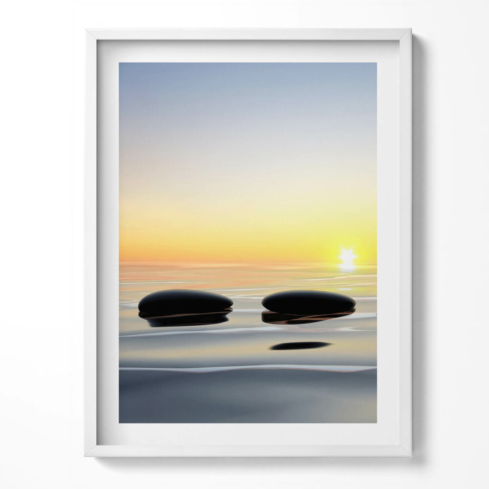 Obraz v rámu Kameny na vodě při východu slunce - zen