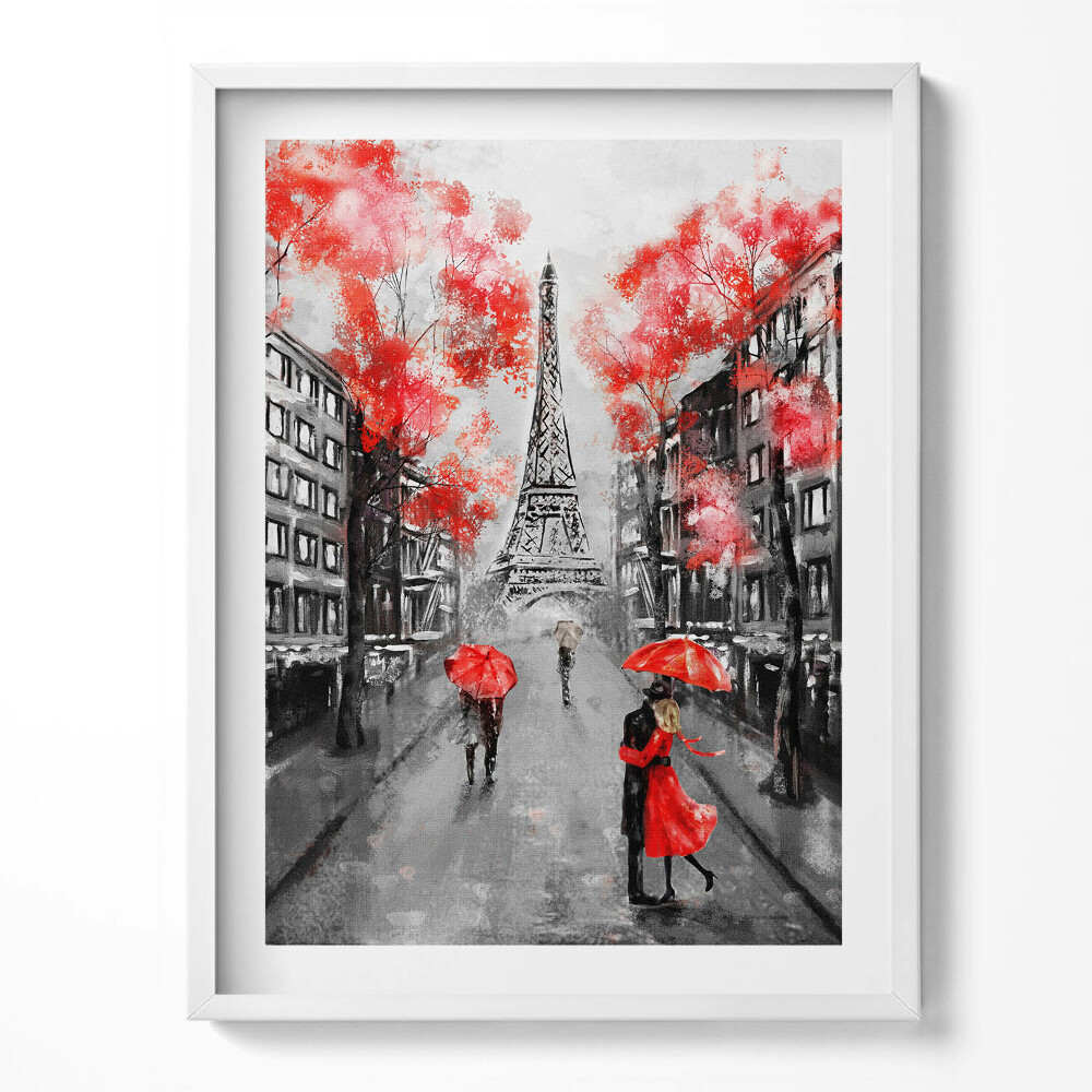 Obraz v rámu Paříž - Eiffelova věž a červené deštníky