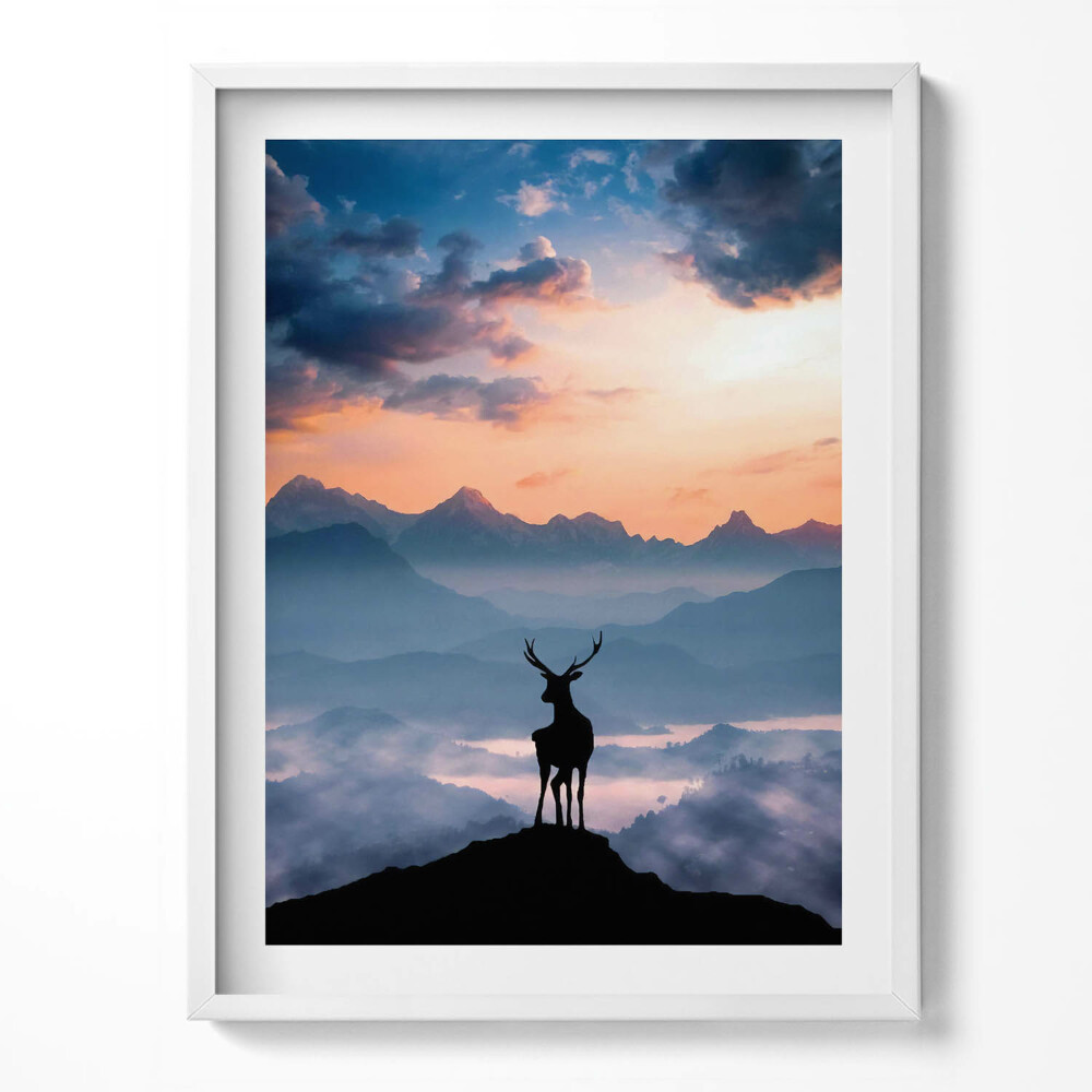 Obraz v rámu Jelen na vrcholcích hor