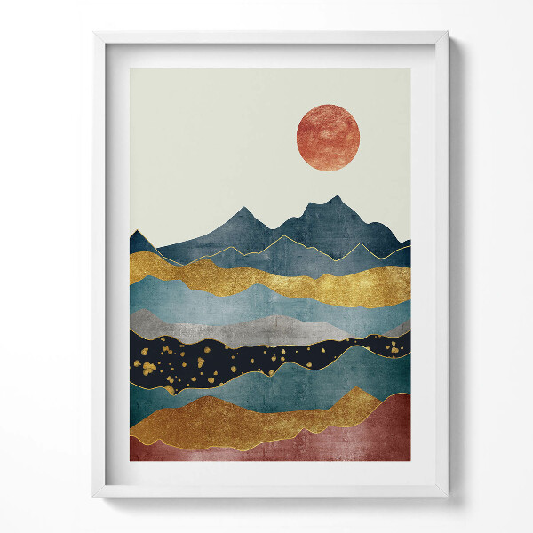 Obraz v rámu Abstraktní krajina barevných hor a slunce