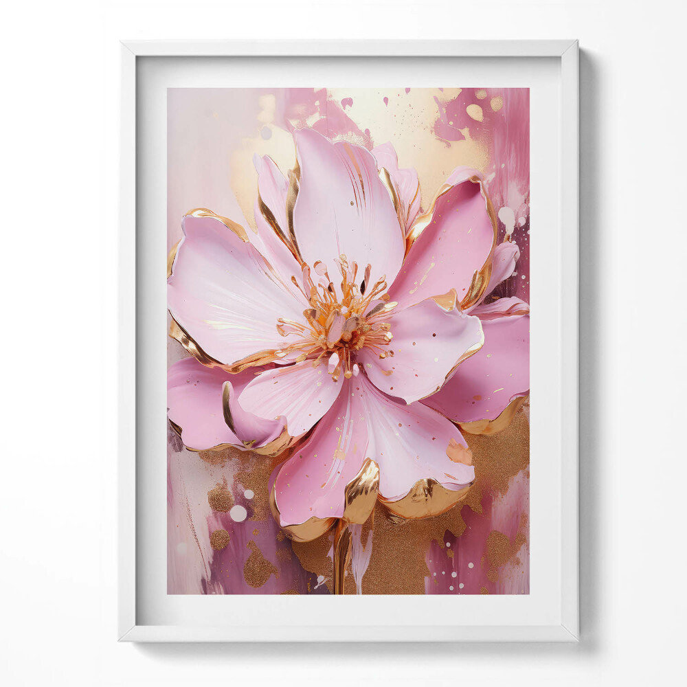 Obraz v rámu Romantická malovaná květina ve zlaté barvě