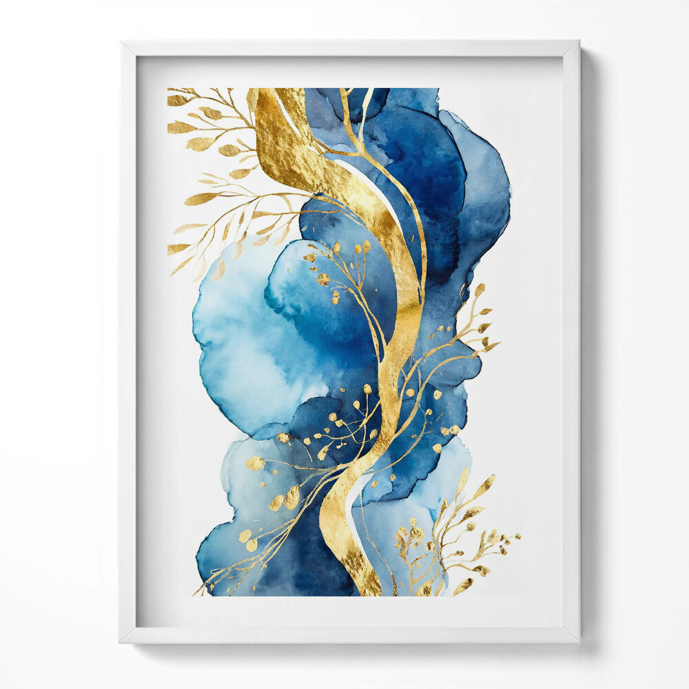 Obraz v rámu Abstrakce zlatých rostlin na modrém pozadí