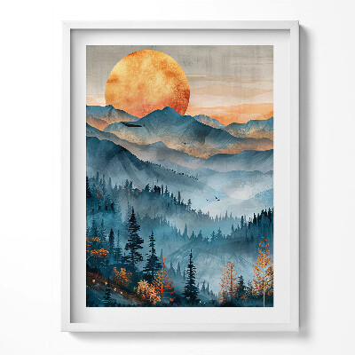 Obraz v rámu Abstraktní krajina slunce nad horami a lesy