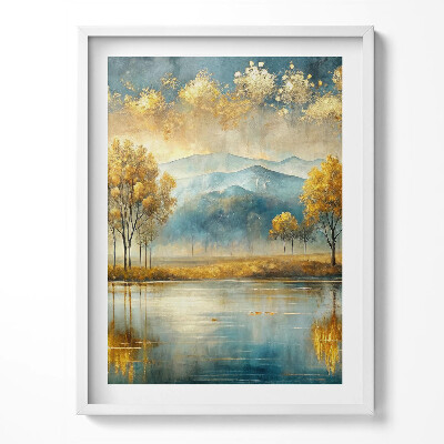 Obraz v rámu Abstraktní krajina zlatých stromů u jezera